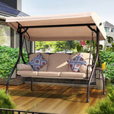 3-Seat Outdoor Porch Swing Chair, Canopy Porch Swing Bed with 2 Foldable Side Trays, 3 Cushions & 2 Pillows, Khaki